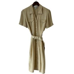 Y2K Linen Blend Button Up Safari Style Shirt Dress Size 6 Petite.